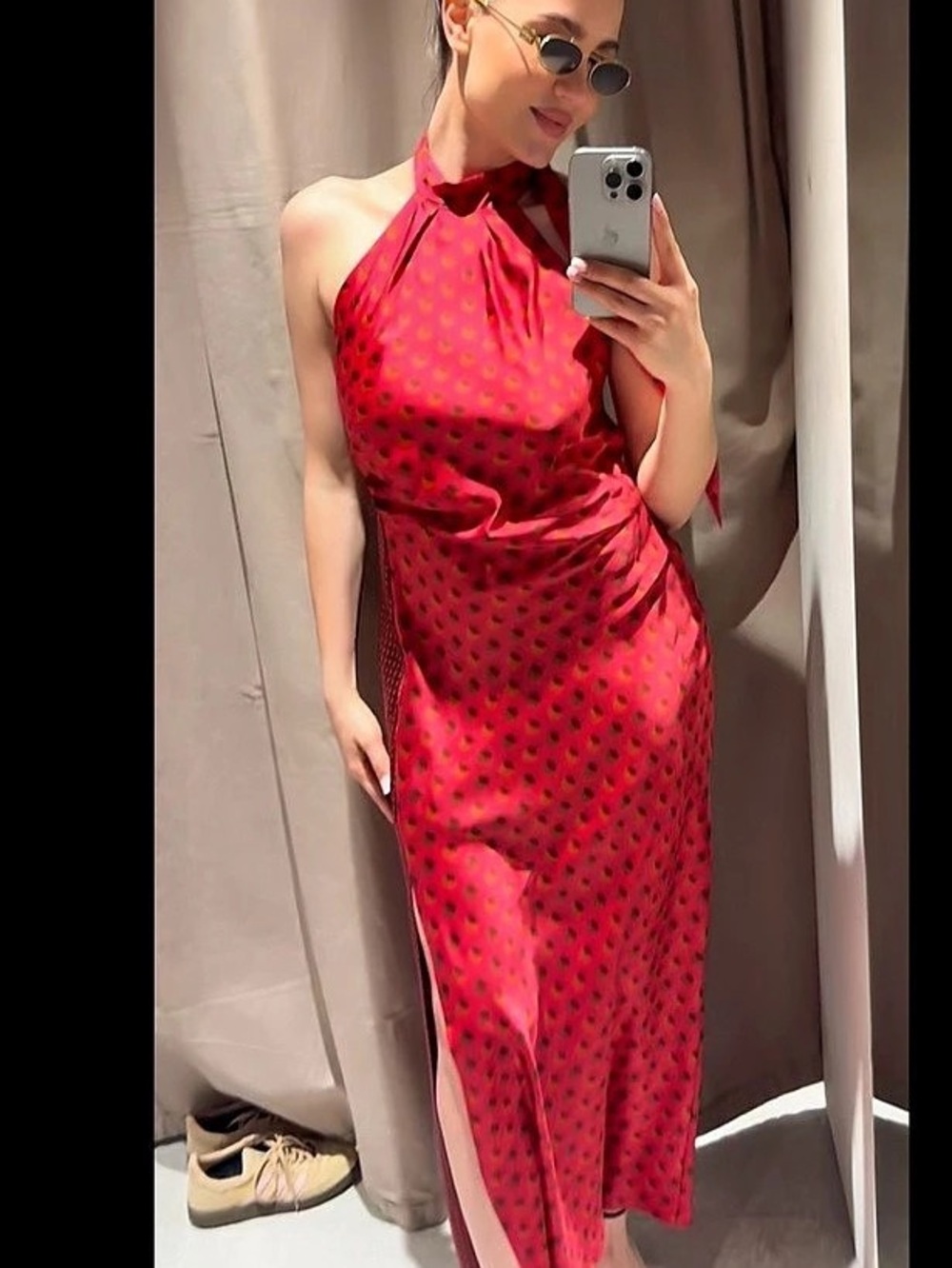 Zara Satin Midi Halter Neck Dress Polka Dot Maxi Pink & Black Medium